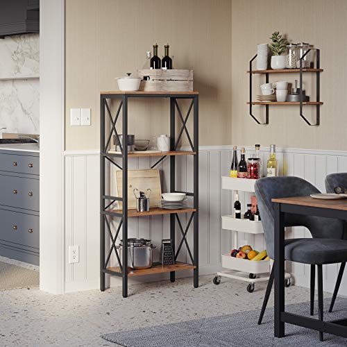 VASAGLE 4 Tier Bookshelf, Bookcase, Kitchen Shelf, Free Standing Shelf, Ladder Rack with 4 Open Shelves, for Kitchen, Office, Stable Steel Frame, Industrial Style, Rustic Brown and Black ULLS030B01