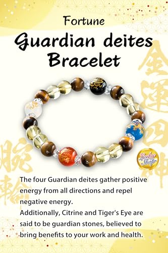 MADE IN JAPAN guardian deities feng shui bracelet, good luck charm, agate tiger eye citrine crystal bracelet for women men unisex, divine beasts, wealth friendship prosperity, stretch 6-8 inches2