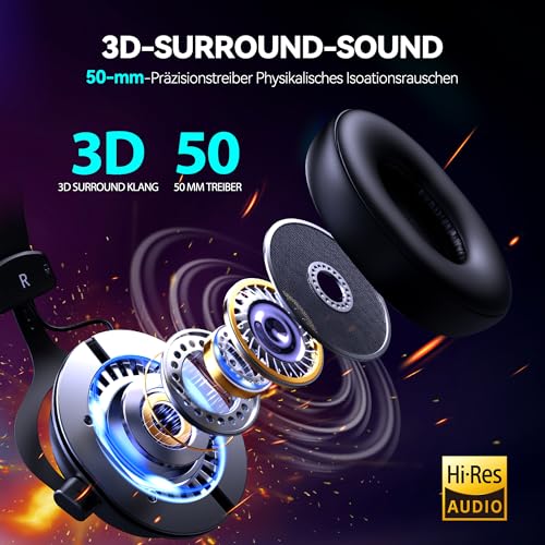 TECKNET Kabelgebundenes Gaming Headset mit Mikrofon, 3,5 mm Klinke, Stereo Surround Sound, LED-Beleuchtung, Over-Ear Kopfhörer, Gaming Kopfhörer für PC, PS4, PS5, Xbox Series X, Switch, Mac & Laptops – Bild 3