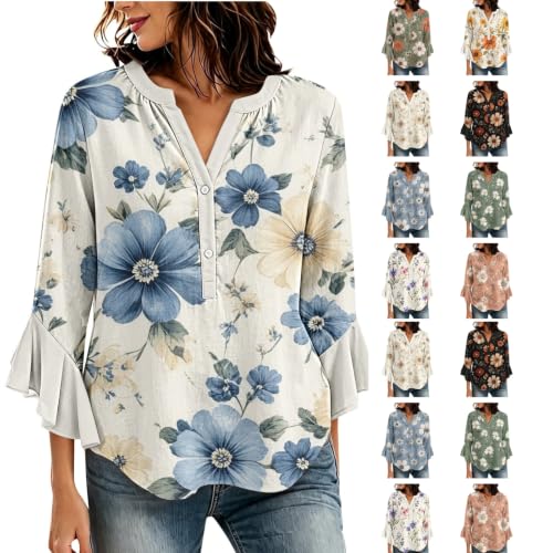 Women's Ruffle Sleeve Boho Flowy Blouse Henley Button Neck Tops - image 1