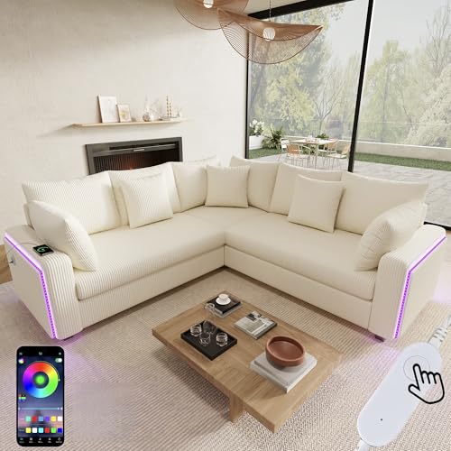 Sapgaks Canapé Convertible en L avec LED et USB C, Canapé d'angle Convertible en Velours Côtelé...