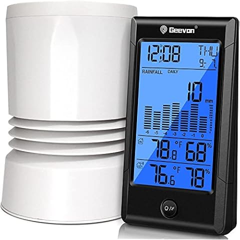 Geevon Wireless Rain Gauge, 3 in 1 Self-Draining Collector for Monitoring Rainfall and Indoor/Outdoor Temperature and Humidity with Backlit Display Cover