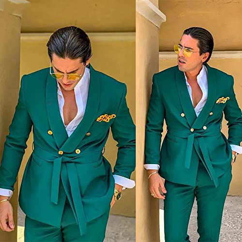 HZUOU Green Suits for Men 2 Piece Blazer Sets Double Breasted Belt Wedding Party Travel Suit Jacket+Pant HZH063