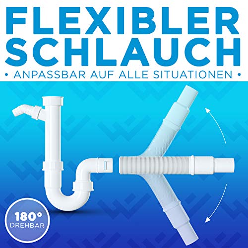 LOBENSWERK Siphon für Küchenspüle mit flexiblem Ablaufschlauch - 100% Wasserdicht - Röhrensiphon mit einem Geräteanschluss + Anschlussdichtungen