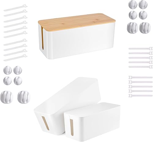 Caja organizadora de cables  Caja organizadora de cables grande de estilo de madera blanca para ocultar cables y 2 cajas organizadoras de cables