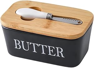 Butter Dish with lid and Multifunctional Butter Knife,Ceramic Airtight Butter Conhainer,Large Butter Dish with 1 ld Canadian,Also Keeper for Cream Cheese, Cake, Salad, Candy, Beurrier（Black）