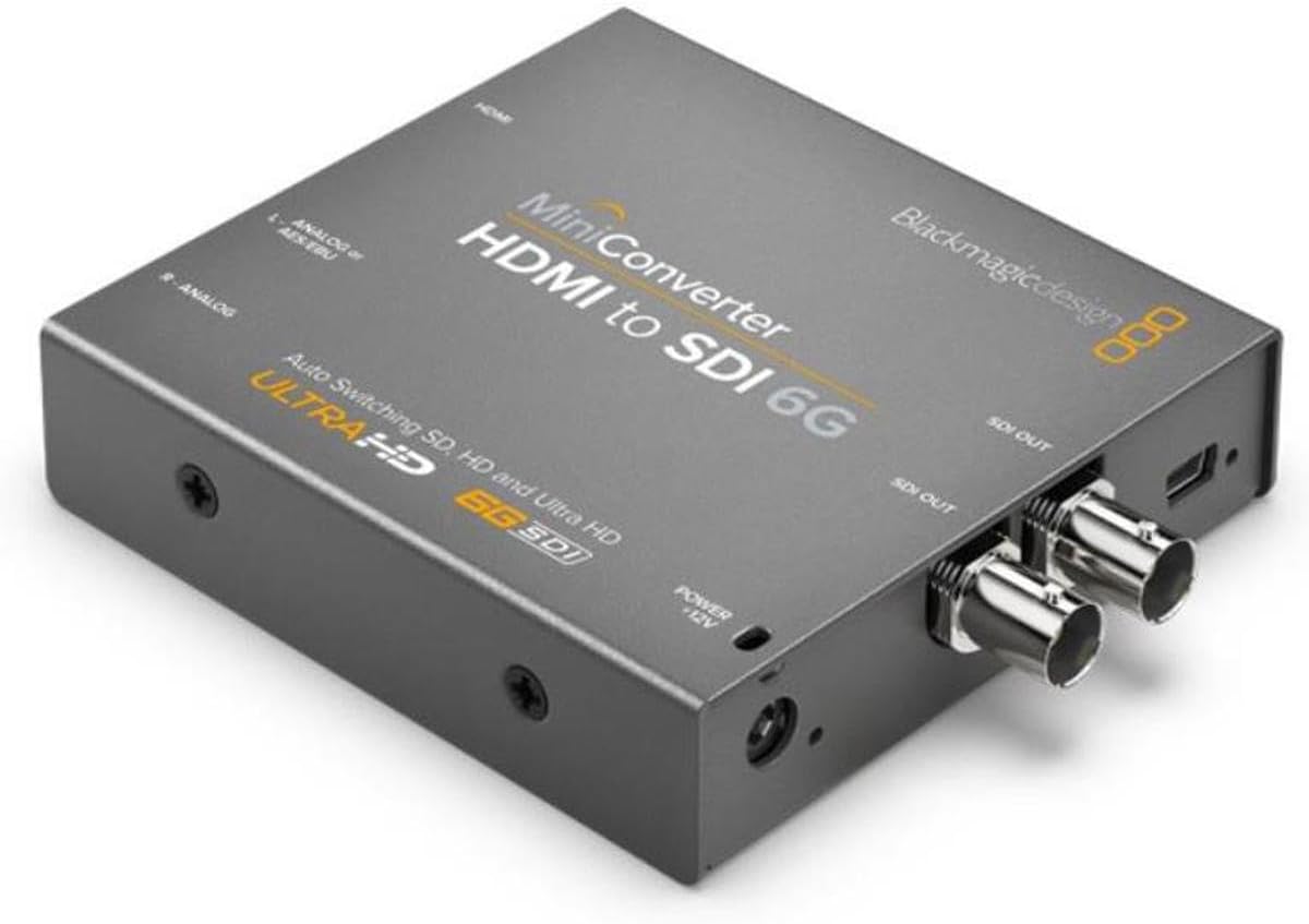 Blackmagic Design Mini HDMI-SDI Converter 6G, showing HDMI input, SDI outputs, and power input.