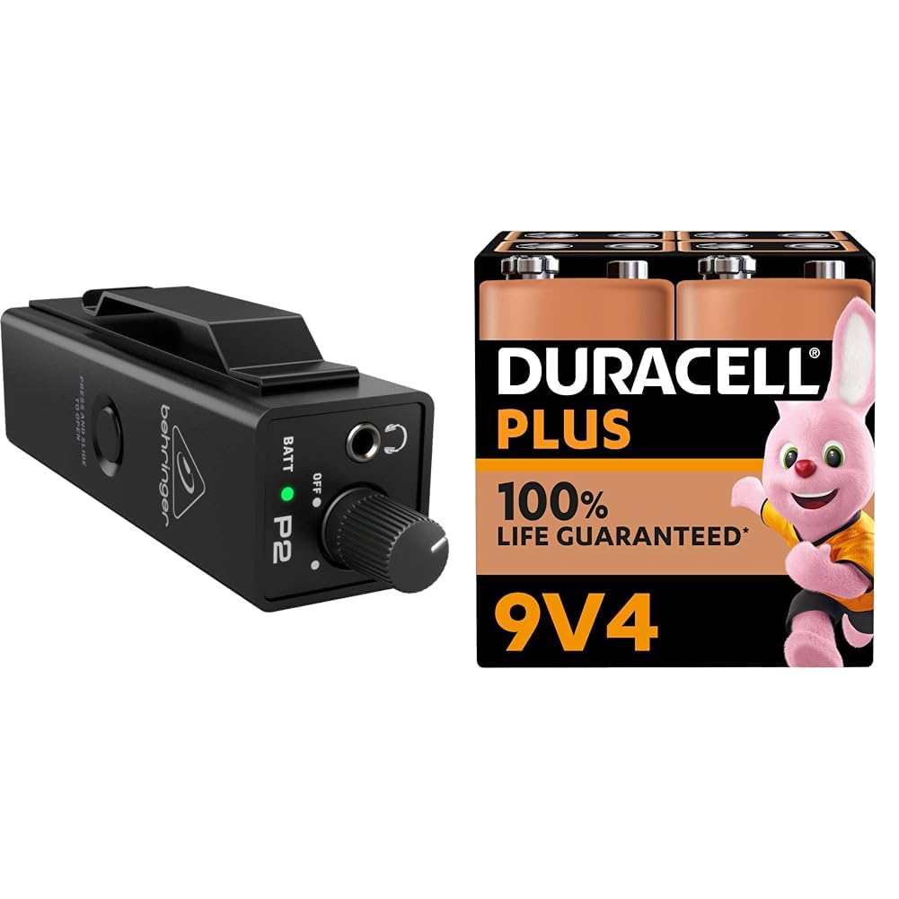 Behringer POWERPLAY P2 Ultra-Compact Personal In-Ear Monitor Amplifier & Duracell Plus 9V Batteries (4 Pack) - Alkaline - 100% Life Guarenteed