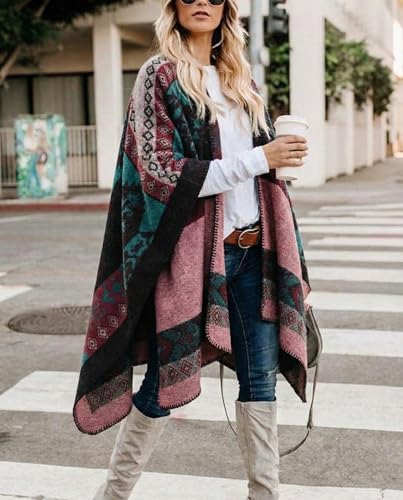 Image of Bestshe Women's Boho Open Front Poncho Plaid Shawl Wrap Cape | Tassel Cardigan Sweater, Cozy Layering, Fall Winter Clothes for Women