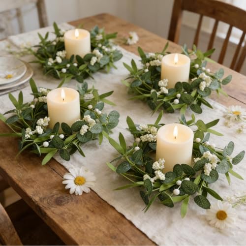 Image of 6 Pcs Green Artificial Eucalyptus Candle Rings Wreaths Mini Green Summer Kitchen Cabinet Wreath Table Centerpieces with White Berry for Pillars Farmhouse Porch Front Door Wedding Decor