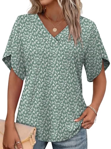 Image of WIHOLL Womens Summer Tops Short Petal Sleeve Shirts Fashion V Neck Womens Clothing