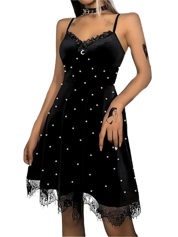 Black Velvet Mini Dress with Pearl Embellishments Lace Trim Spaghetti Straps Gothic A-Line Style Moon Charm Detail (US Alpha X-Large Regular Regular)