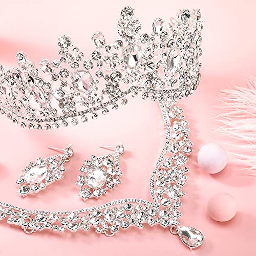 3 Pieces Bridal Jewelry Set Baroque Queen Crown Medieval Princess Crown Tiara Earrings Necklace Jewelry Set Rhinestone Crystal Tiara Crown Headband Wedding Crown for Bride Women Girls (Silver)