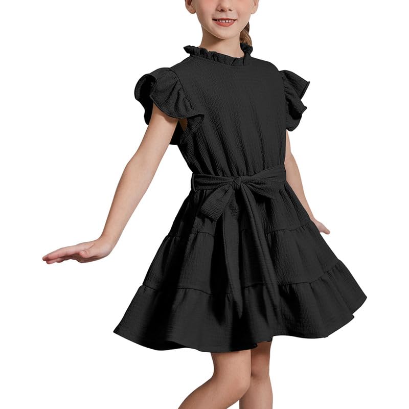 CHILDRENSTAR Girls Flutter Sleeve Dress Ruffle Tiered Formal Party Dresses Belted for Kids 3-13Y