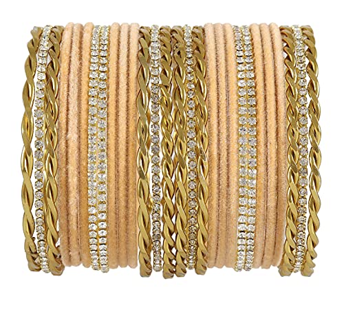 Image of NMII Gold Plated Metal Velvet Bangles Set For Women & Girls with Zircon Gemstone Studded | Traditional Women's Bangles | Designer Gold Bangles | Fashion Jewellery- Set of 28