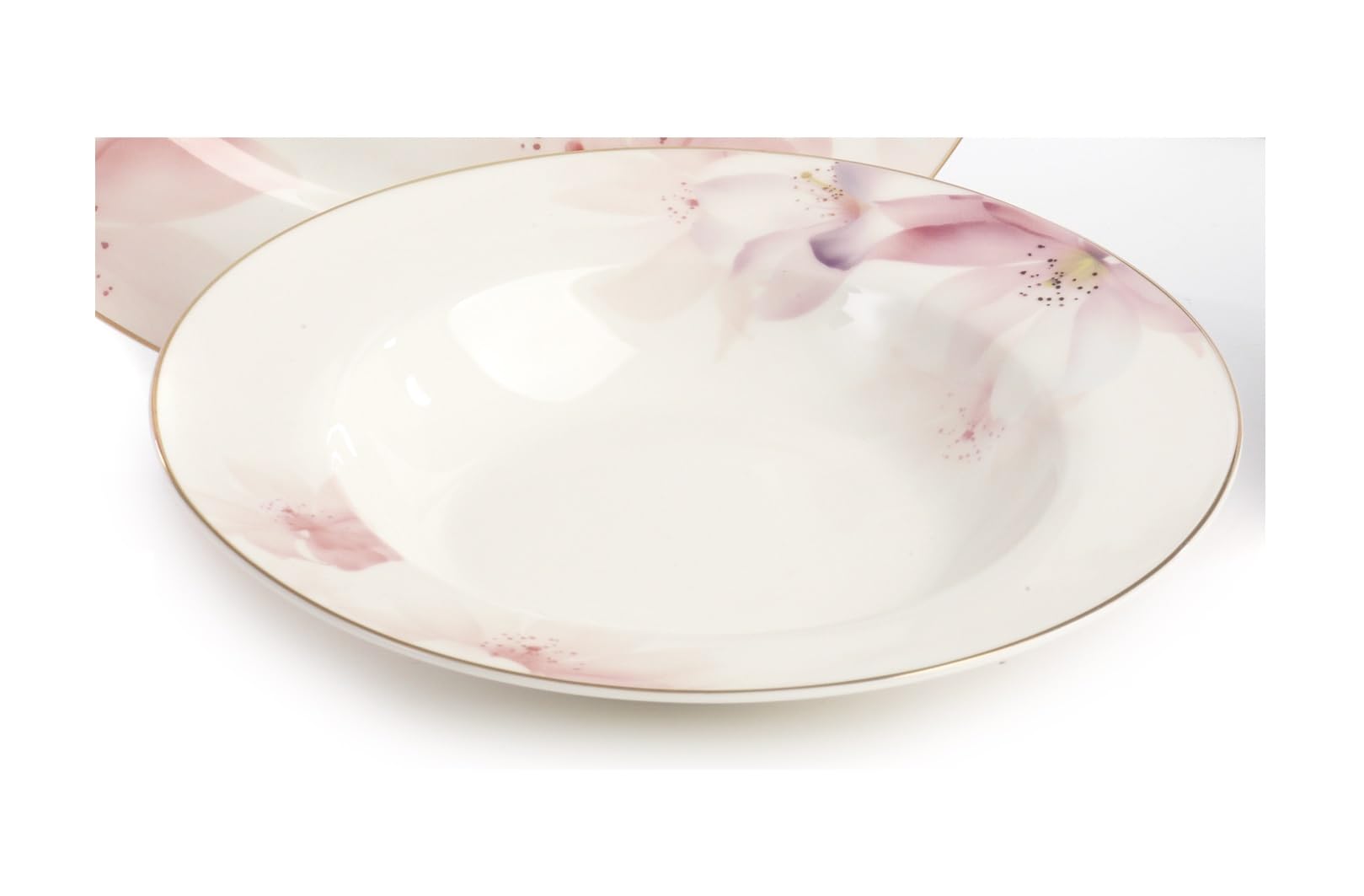Set 18 Piatti Tema Fiori Pastello in Porcellana d'autore Nàvel 6 Fondi Ø 21,5 cm, 6 Piani Ø 19,5 cm e 6 Piani Ø 26,5 cm con Elegante Scatola Litografata