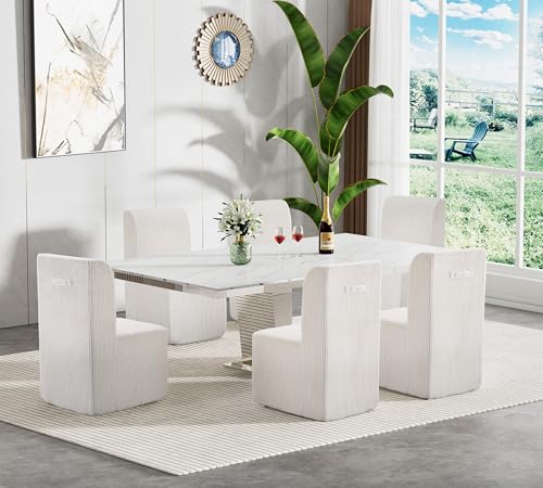 Image of 7-Piece Extendable Dining Table Set for 6, Modern 63 inch-94 inch White Marble Expandable Kitchen Table Set with 6 Furry Chairs, Large Extendable Dining Room Tables with Mirrored Columnar Base