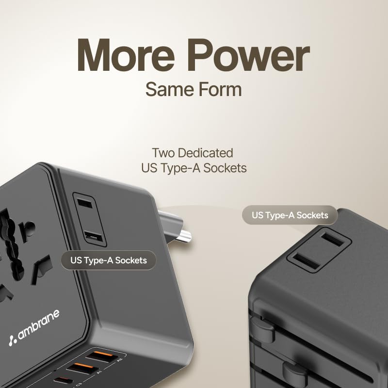 Image of Ambrane 70W Universal Charger Adapter, 3 Type C, 2 USB Ports, Macbooks & Other Type C Laptop Charging, Fast Charging iPhone & All Mobiles, International Worldwide Travel Adapter (ATA-05,Black)