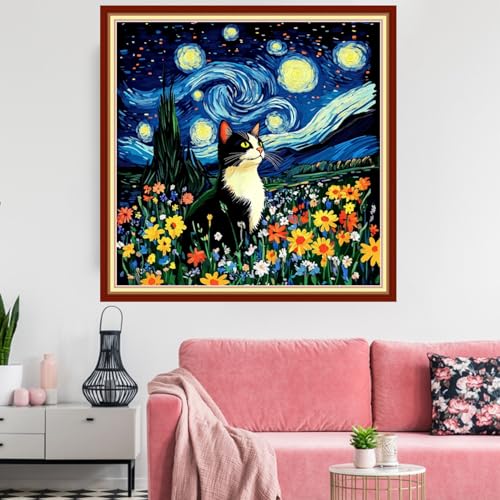 Image of Redxing Stamped Cross Stitch Kits Embroidery kit for Beginners Adults Full Range of Embroidery Patterns Starter Kits DIY Printed Cross Stitch Kits Needlepoint Kits 11CT-Van Gogh Starry Cat 18x18 inchs