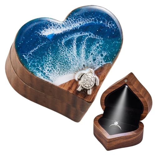 SAMAH Ocean Resin Heart LED Lighted Engagement Ring Box Personalized Walnut Wooden Ring Box Ring Display Box for Proposal Wedding Anniversary Valentines Day Birthday Christmas Gifts for Women