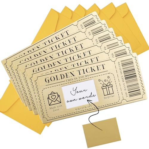 6 Pieces Golden Ticket Scratch-off Cards with Envelopes, Scratch & Reveal Surprise Ticket for...
