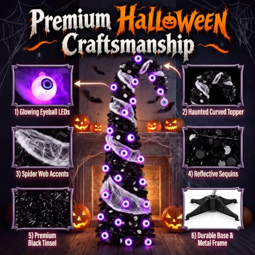 DTNESS 5FT Pop Up Halloween Tree with 35 Purple Eyeball Lights & Spider Web - image 3