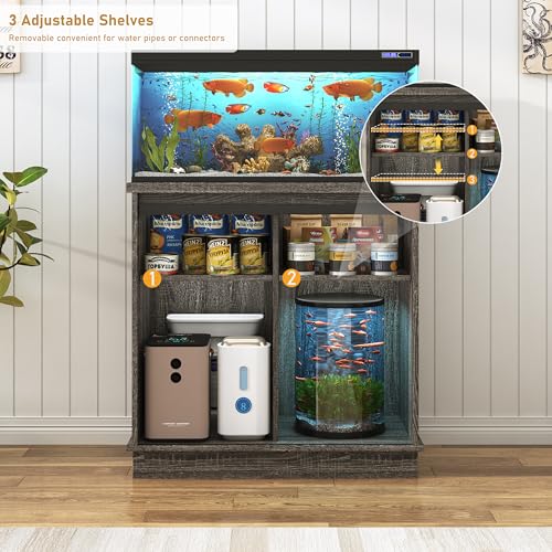 Image of Hlivelood Farmhouse 20 Gallon Fish Tank Stand with Power Outlet, Aquarium Stand w /Cabinet&Sliding Barn Door, Heavy Duty Reptile Tank Stand for Fish /Turtle /Reptile Terrarium, 1000LB Capacity, Grey