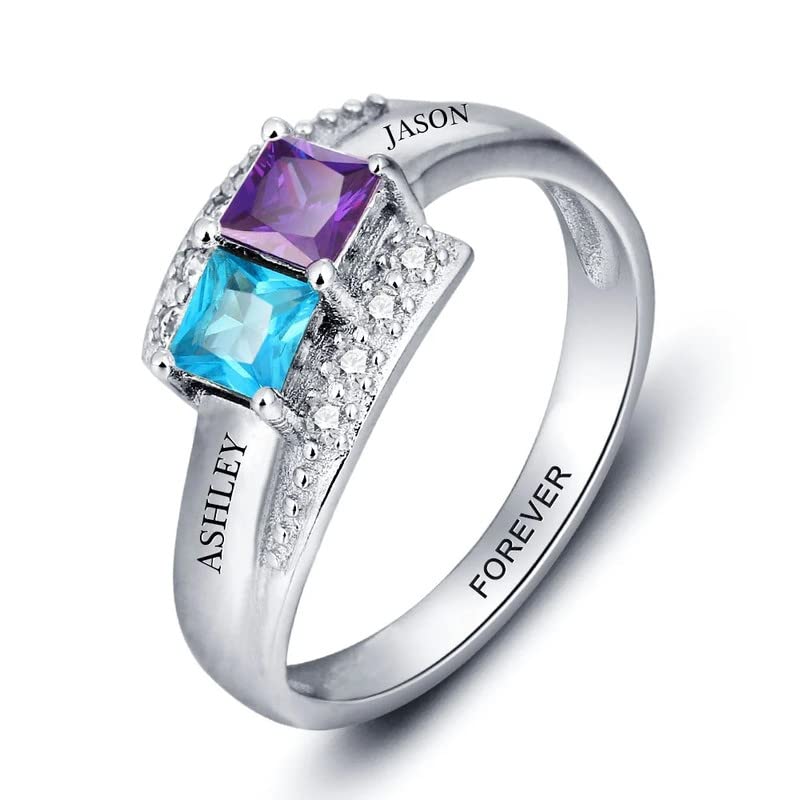 Personalisierte Ringe Gold 9K/14K/18K Namensring für 2 simulierte Birthstones Zirkonia Herz Ring Eheringe Mit Wunschnamen Gravur Damen Schmuck Geschenk für Mutter Freundin-3