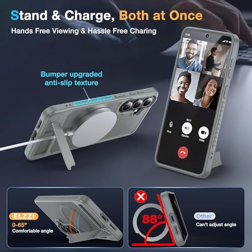 Image of Elzzi Magnetic Magsafe for Samsung Galaxy S26 Plus Case [Compatible with MagSafe][Full Camera Protection][Built-in Invisible Kickstand] Translucent Matte Phone Back Cover - Grey