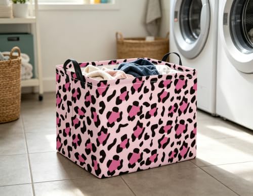 Image of Rectangular Baby Kids Storage Basket for Home Kitchen Girls Cute Toy Storage Bin Organizer Shelf Book Room Decor(Pink Leopard)