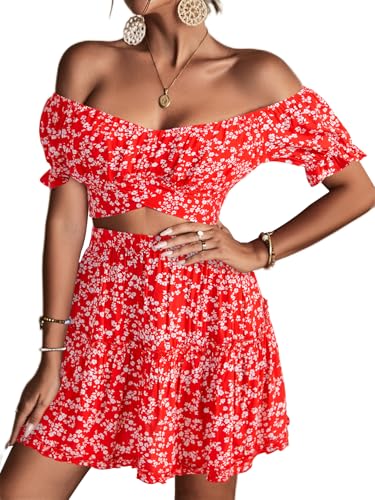 Image of LYANER Women's 2 Piece Outfits Floral Off Shoulder Tie Up Crop Top and Mini Skirt Set