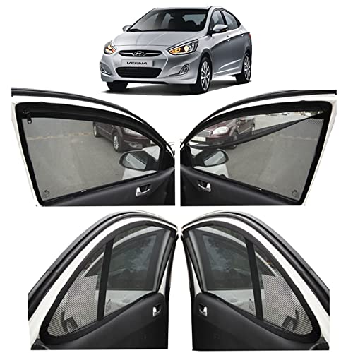 Image of Autofact Magnetic Car Sunshades Compatible with Hyundai Verna Fludic (2011 to 2016) (Set of 4) - Easy Installation, UV Protection, Keeps Car Cool (Front 2 with Zippers, Rear 2 Without Zippers)