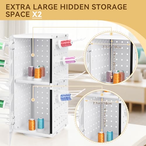 Image of Metal 360 Fully Rotating Thread Rack, Detachable Thread Holder Organizer with Inner Storage Compartments for Sewing, Embroidery, Hair-braiding and Jewelry (White)