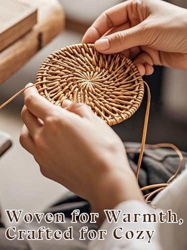 6pcs Natural Handmade Rattan Coasters with Holder - Wicker Drink Coasters Set for Protecting Table, Housewarming Gifts Boho Fall Home Decor - Image 4