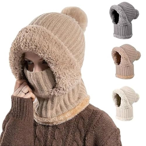 3 in 1 Beanie Hat for Women 3 in 1 Beanie Hat with Scarf and Mask Winter Balaclava Hats for Women Womens Outdoors Windproof Knit Beanie Hats(Khaki)