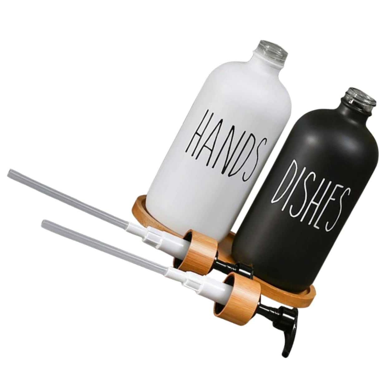 Dispensador de Jabón Líquido de Vidrio con Bomba, 1 Juego | Bandeja de Madera Incluida, para Lavabo y Ducha, Recargable Diseño de Presión