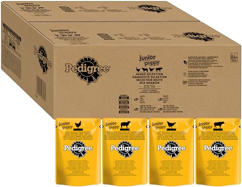 PEDIGREE Junior Multipack Gemischte Selektion in Gelee Hundenassfutter im Portionsbeutel für junge Hunde 4 Varietäten 84 x 100g