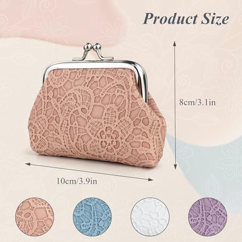 Image of FuninCrea 2 Pcs Faux Leather Coin Purse for Women with Kiss Lock, Floral Pattern Change and Coin Wallet Double Clasp Closure Mini Wallet for Cash Key (White+Purple)