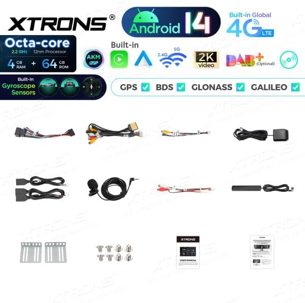 Included components for XTRONS TX123GS Autoradio, showing the main unit, various cables, GPS antenna, microphone, and mounting hardware.