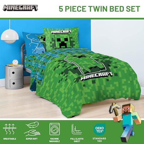 Image of Jay Franco Minecraft Creeper Twin Comforter Set - 5 Piece Kids Bedding Bed in a Bag with Comforter, Sheets & Pillow Covers, Super Soft Machine Washable Microfiber, Green (Official Minecraft Product)