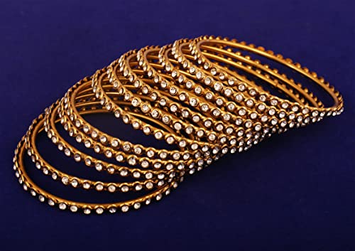 Touchstone "Golden Bangle Collection Indian Bollywood Stunning Clear Rhinestone Embellished Thin Charming Look Designer Jewelry Bangle Bracelets Set of 12 for Women in Antique Gold Tone.3