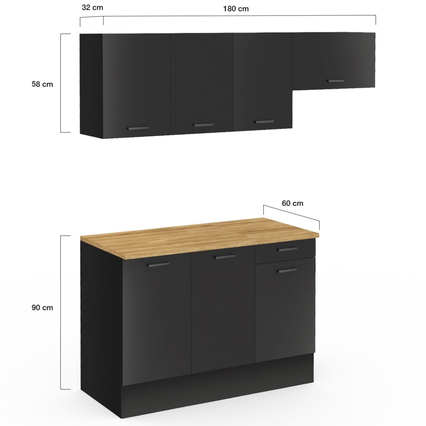 IDMarket - Cocina SUBTIL completa de 180 cm con encimera negra de 5 piezas y encimera de madera