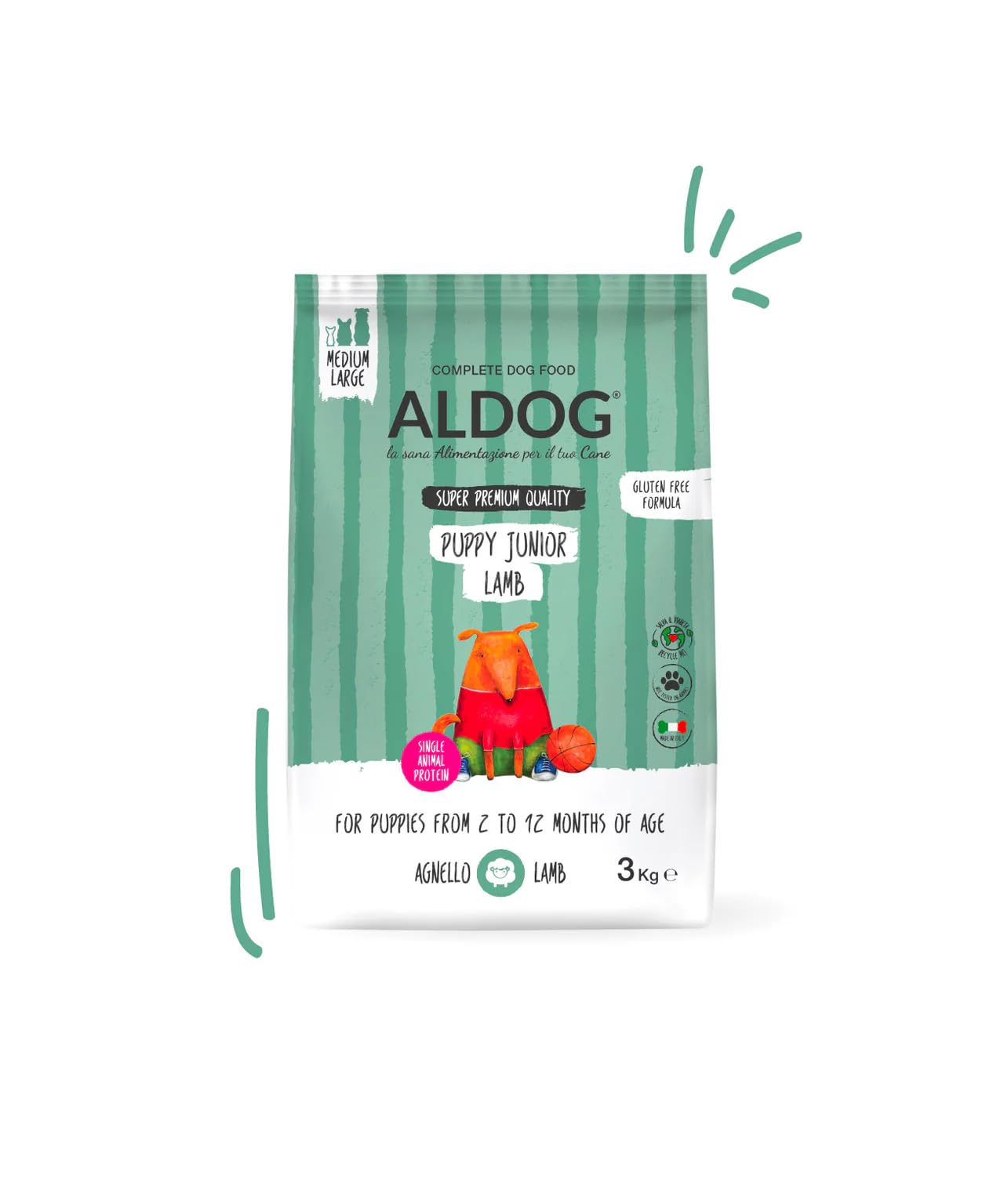 Chien Aldog Croquettes monoprotéiques pour chiens chiots, aliments pour chiens chiots de toutes tailles et races, N° ALDOG PUPPY-JUNIOR LAMB Croquettes moyennes/grandes, 1 lot de 3 kg, 1 x 3 kg.