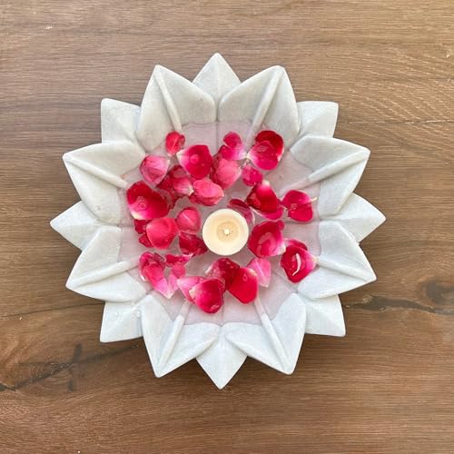 Image of Marble Urli Bowl for Decoration | Big Potpourri Decorative Bowls in Home decor | Large White Floating Flower Plates of Stone | Small Shape puja Item | (10 inch, Lotus Crest)