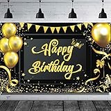AUBAO Happy Birthday Backdrop Banner Large Black Gold Balloon Star Fireworks Party Sign for Men...