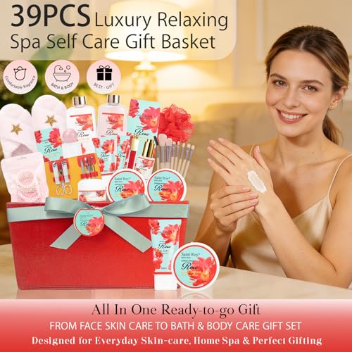 Image of 35Pcs Spa Kit Gift for Women, Sandalwood Red Rose Bath and Body Basket Gift | Face Skin Care Kit, Home Spa Self Care, Lip Gloss, Birthday, Christmas, Mother, Bridal Shower, Anniversary for Mom Pamper Kit