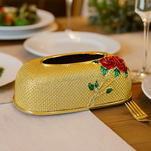 Image of Luxury Golden Tissue Box Cover with Red Rose Design Decorative Rhinestone Napkin Holder for Home Office Bathroom Car Elegant Gifting Idea for Weddings, Housewarmings (Gold)