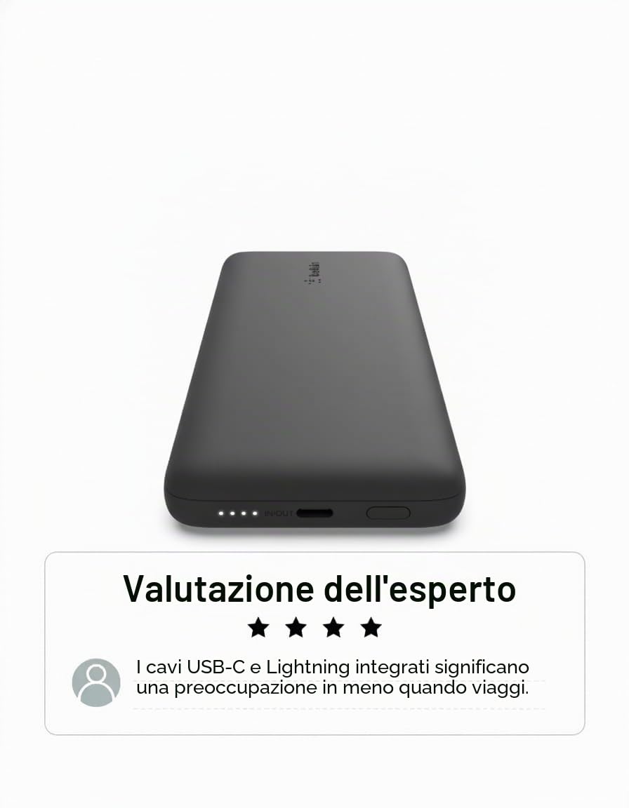 Belkin BoostCharge Plus Batteria esterna portatile 10K (power bank 10.000 mAh con cavi Lightning (MFI) e USB-C integrati e porta di ricarica USB-C aggiuntiva) - Nero