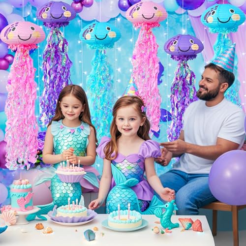 Image of Jellyfish Paper Lanterns, Under The Sea Party Decorations, Hanging Jelly Fish Paper Lantern with Smile Face Printed for Mermaid Theme Party Ocean Birthday Decoration Baby Shower Classroom Decor