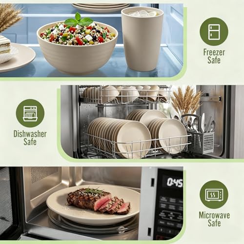 Image of Dinnerware Sets 40 PCS Wheat Straw Plates and Bowls Sets With Cups Service for 8 Microwave Safe Dishes for Kitchen Lightweight Dish Set for RV Outdoor Activities Travel - Beige Colors